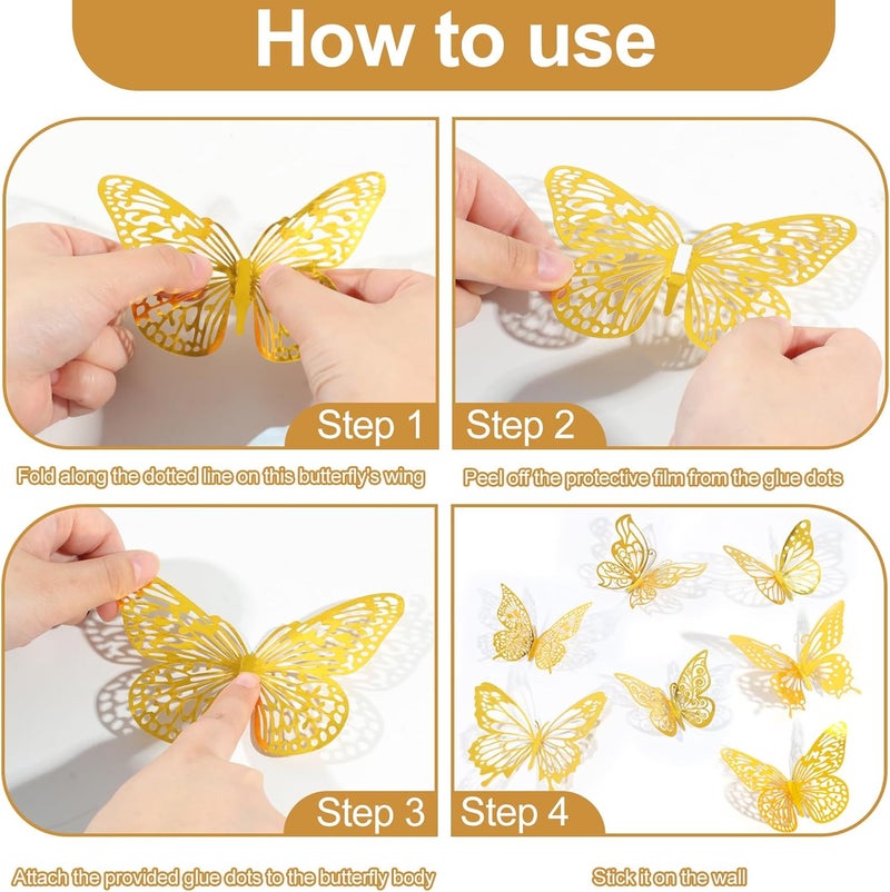 Rindion 84PCS 3D Butterfly Decorations, 3 Sizes 7 Styles Butterfly Wall Decor Gold Butterflies Decorations for Cake, Butterflies Party, Birthday, Wall - Image 3